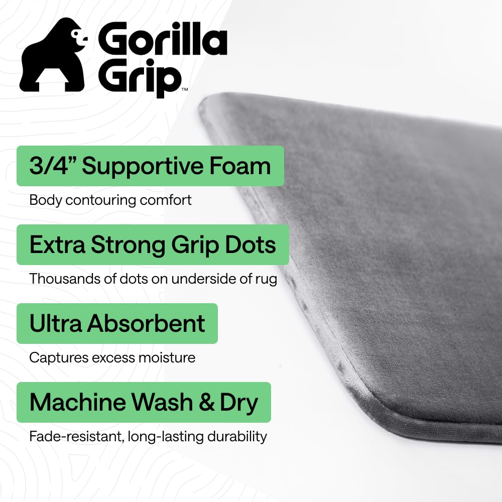 GORILLA GRIP® Memory Foam Bath Rugs, Soft Absorbent Velvet Bathroom Mats, Durable Dots on Underside, Machine Washable Bathmat, Carpet Rug Room Decor for Shower Floor, 24x17 Mat, Graphite Gray