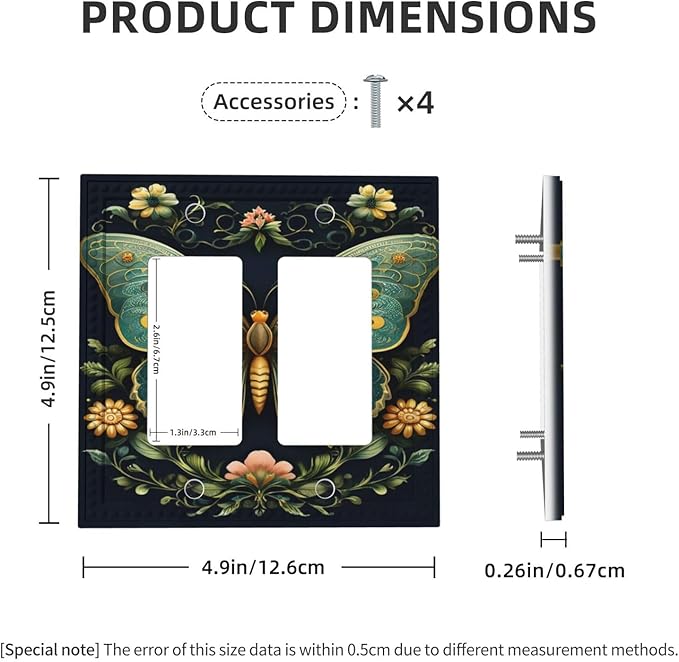 Butterfly Ornate with Flower Dual Outlet Covers Wall Plate 2 Gang Rocker Decora Decorative Switchplate Electrical Faceplate GFCI Light Switch Covers for Farmhouse Living Decor