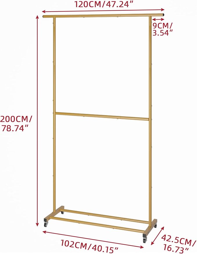 Sywhitta Double Rod Clothing Garment Rack, Rolling Clothes Organizer on Wheels for Hanging Clothes, Easy to Assemble, Adjustable, Gold