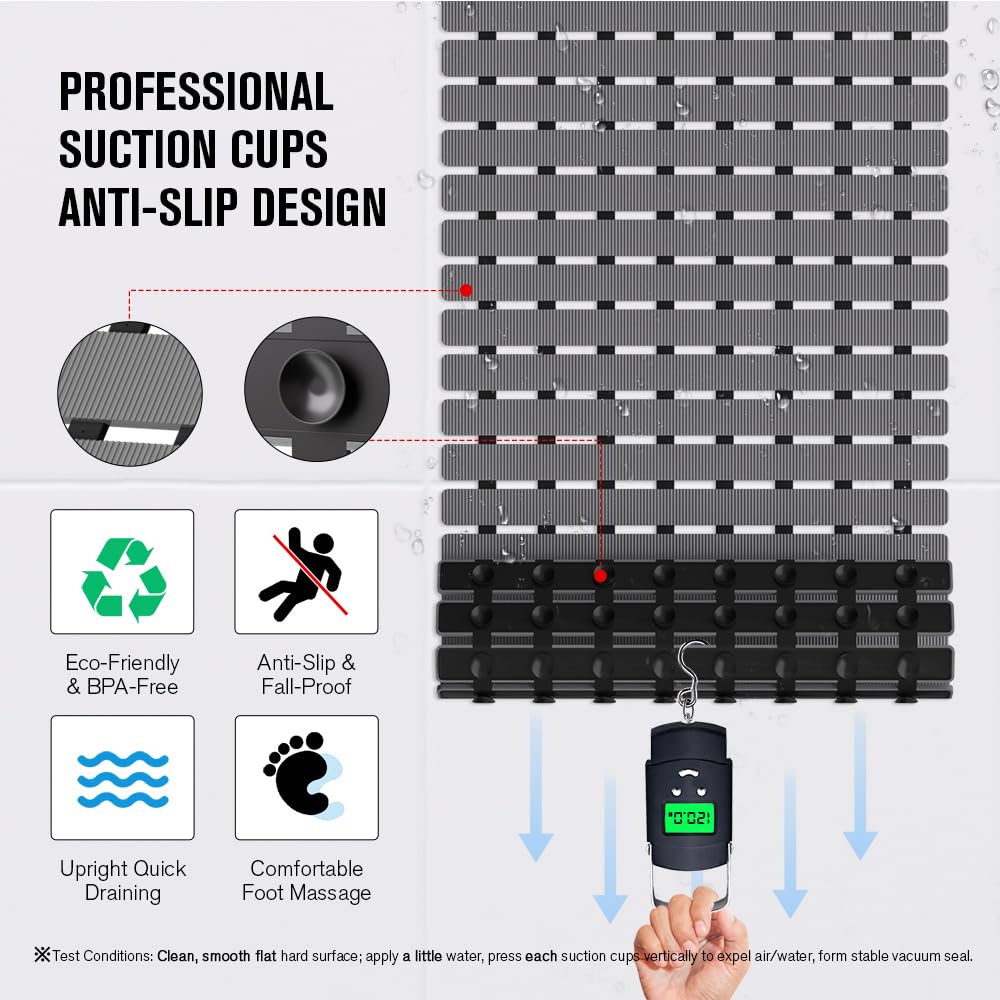 MBOSS Bathtub Mat Non Slip, Shower Mat for Inside Shower, Suction Cups Design and Drain Holes, 27.5 X 15.7 Inch, Bathroom Essentials Safe, Easy to DIY Cut, Soft and Eco-Friendly Materials