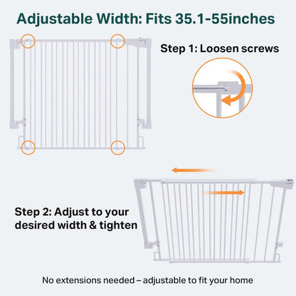 Cumbor 35.1-55" Wide No Bottom Bar Baby Gate for Stairs, 2-in-1 Auto Close Dog Gate Indoor, Hardware Mounted Pet Gate for Doorways with Large Walk Thru Door, Child-Proof Safety Gate for Kids (White)