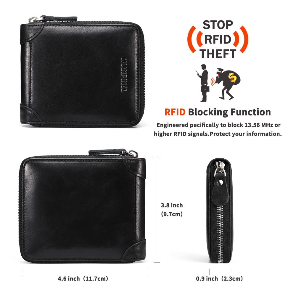 Mens Genuine Leather Zipper Wallet RFID Secure Large Capacity Double Fold Multi-card Leather Wallets for Men and coin purse (Oil wax black)