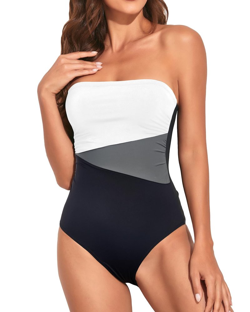 Holipick Women Black White Grey Strapless Bandeau One Piece Swimsuits Tummy Control Bathing Suits Halter Strapless Swimwear L