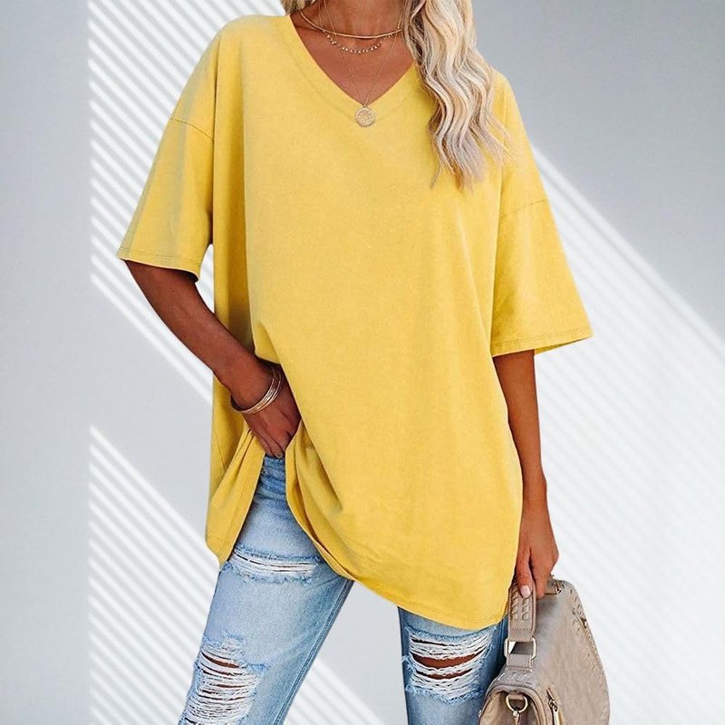 LOAIHA Womens Summer Tops Casual V Neck Short Sleeve Solid Color Basic T Shirt XX-Large Yellow 2