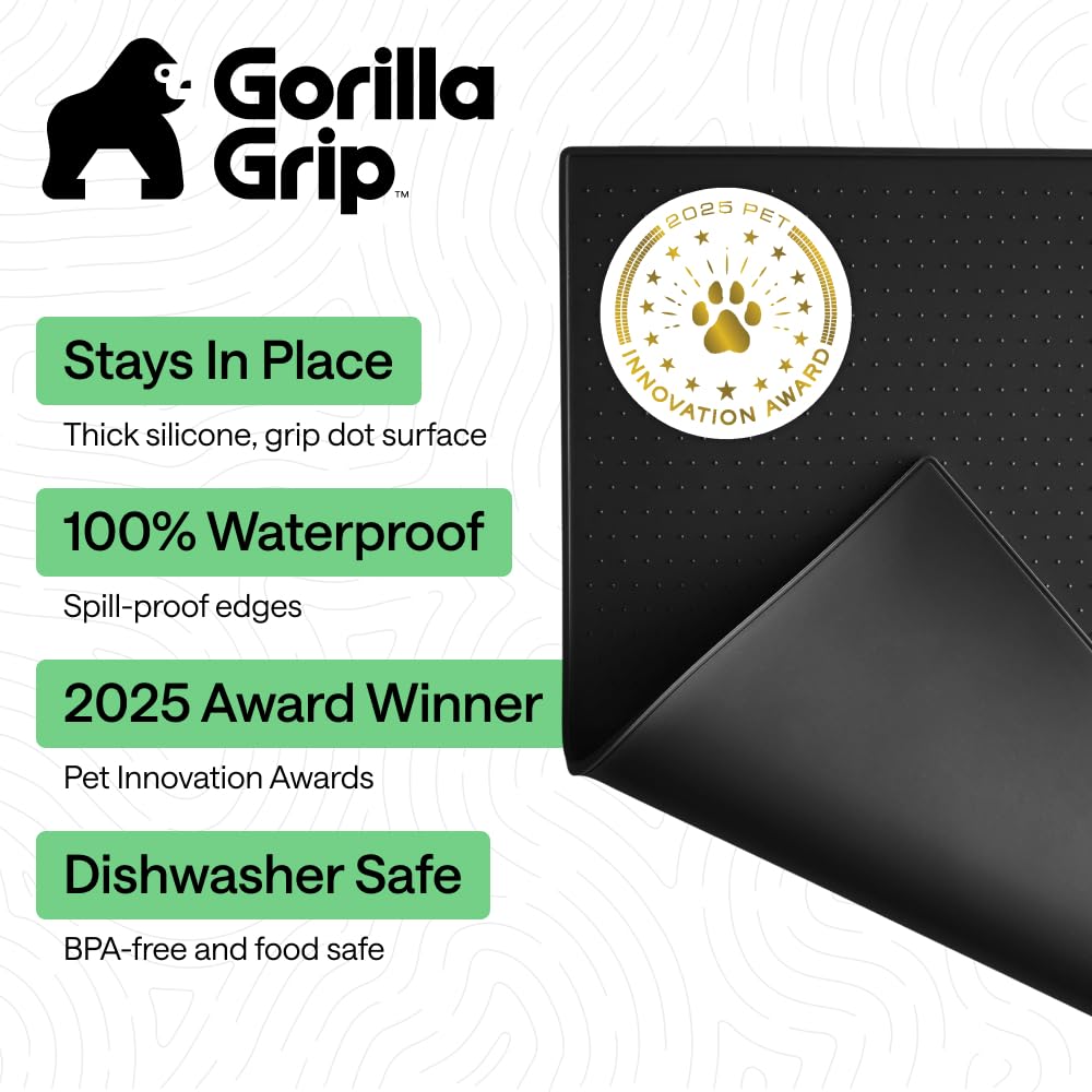 GORILLA GRIP 100% Waterproof Raised Edge BPA Free Silicone Pet Feeding Mat, Dog Cat Food Mats Contain Spills Protects Floors, Placemats for Cats and Dogs Water Bowl, Pets Accessories 18.5x11.5 Black