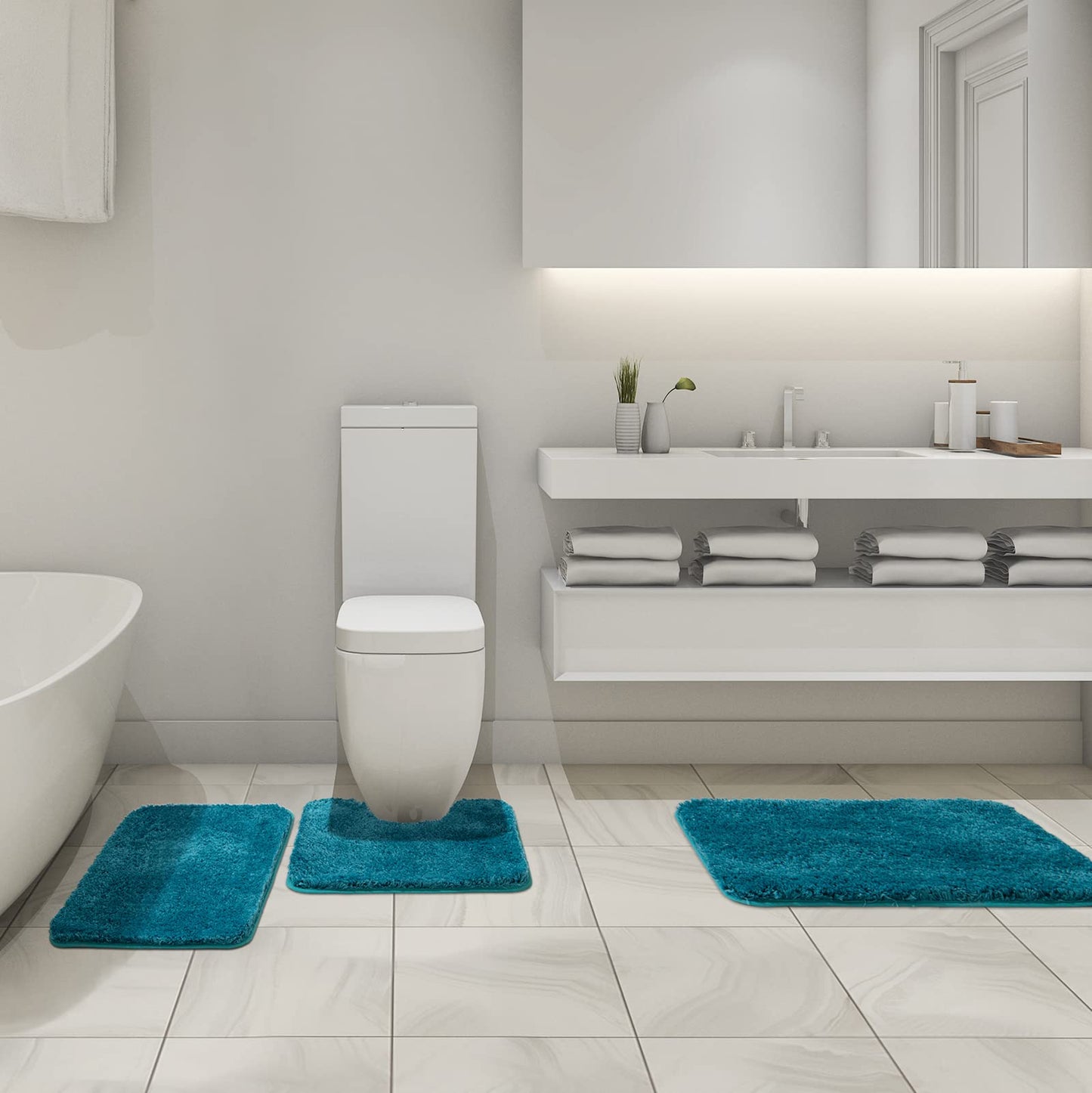 MIULEE 3 Pieces Bathroom Rugs and mats Sets Extra Thick Non Slip Microfiber Bath Mats and U-Shaped Contour Toilet Rug for Bath Room Floor Restroom,20"x30"+16"x24"+20"x20", Teal