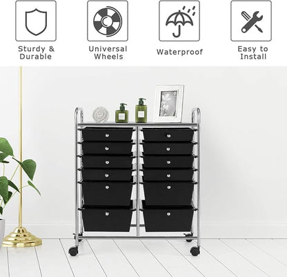 LDAILY 12 Drawer Rolling Storage Cart, Craft Cart Organizer on Wheels w/Metal Frame, Large Capacity & Smooth Drawer, Rolling Cart w/Drawers for Classroom, Office