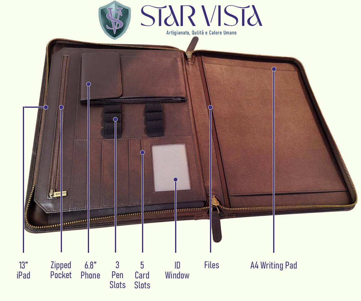 STAR VISTA Flamingo Full Grain Cowhide Leather Padfolio - Executive Business Folio, Sleeve for 13" Tablet & iPhone16, A4/US Letter Size Binder, Lefty Friendly