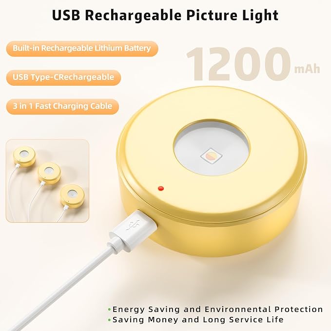 6PCS Picture Lights,3 Colors Paintings Light Rechargeable Battery Wall Light Dimmable and Timer Metal Art Light for Paintings,Display, Wall, Artwork, Gallery (Gold)