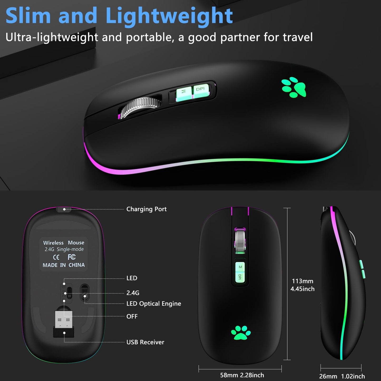 KARFUN Wireless Mouse, Backlit LED Portable Slim Computer Mouse for Laptop, PC, Computer, MacBook, iPad, Chromebook, Notebook, 2.4G Rechargeable Wireless Mouse (Black) (Black-Transparent Nose)