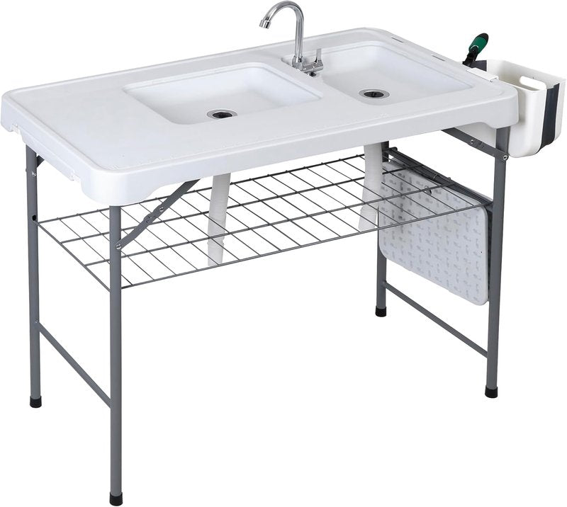 Folding Fish Cleaning Table with Sink - Portable Outdoor Fish Fillet Cutting Station | 42.4" with Drainage Hose & Grid Rack