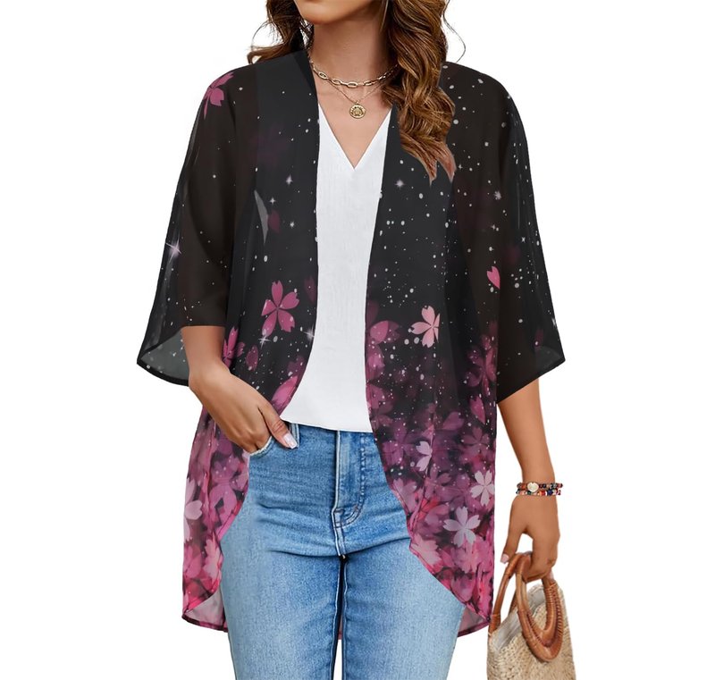 Women's Floral Print Puff Sleeve Kimono Cardigan Loose Cover Up Casual Blouse Tops(Black Pink Purple Floral,S)