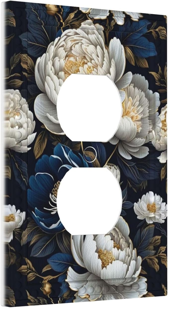 White Gold Blue Flower Light Switch Cover 1 Gang Outlet Plate Single Duplex Wall Plate Covers Decorative Switchplate Covers Electrical Faceplate for Home Decor