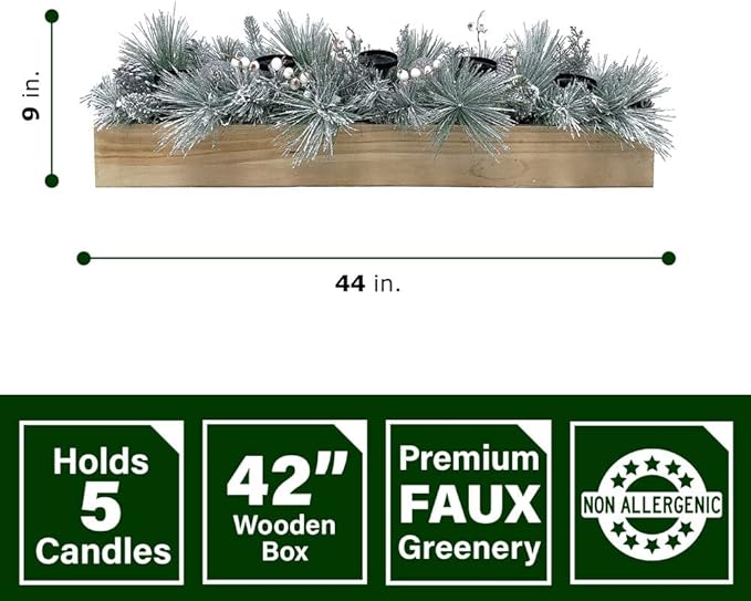 Fraser Hill Farm 42" Glittery Pine Candle Holder Christmas Decoration with White Berries and Ornament Balls, Holds 5 Pillar Candles, Elegant Christmas Table Decorations