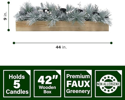 Fraser Hill Farm 42" Glittery Pine Candle Holder Christmas Decoration with White Berries and Ornament Balls, Holds 5 Pillar Candles, Elegant Christmas Table Decorations