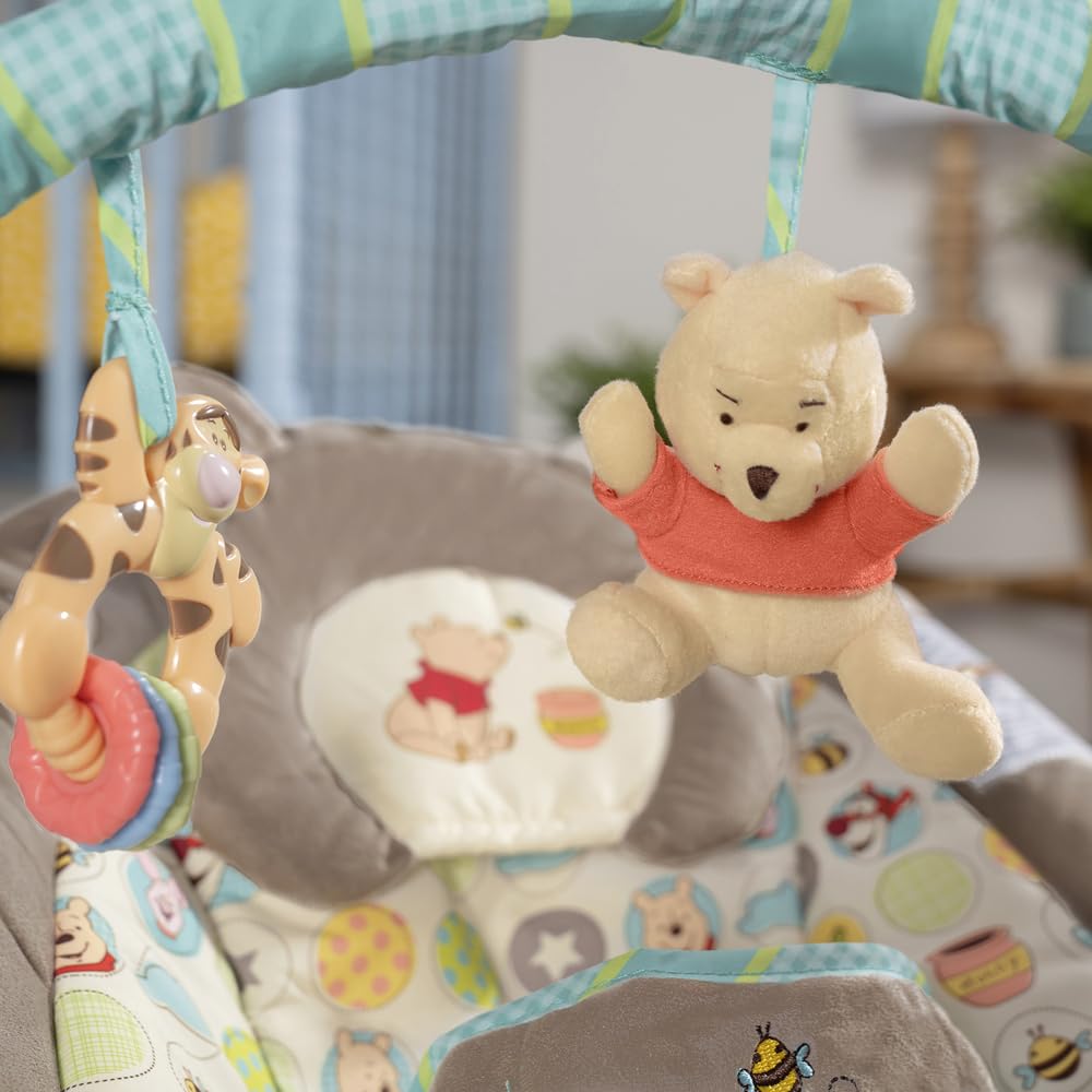 Bright Starts Disney Baby Winnie The Pooh Baby Bouncer Soothing Vibrations Deluxe Infant Seat - Faux Suede, Music, Removable -Toy Bar, 0-6 Months 6-20 lbs (Dots & Hunny Pots)