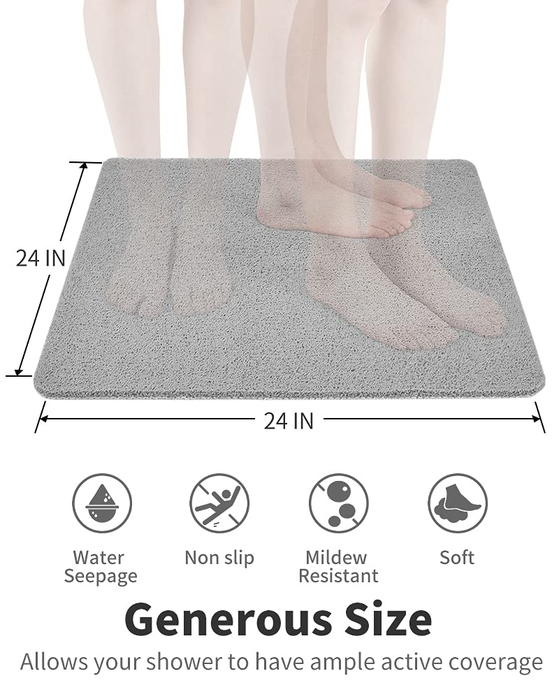 Non Slip Shower Mat, Comfortable Bath mat for Textured Surface,Quick Drying Easy Cleaning Shower Floor Mat for Wet Area,Without Suction Cups Grey 24 x 24