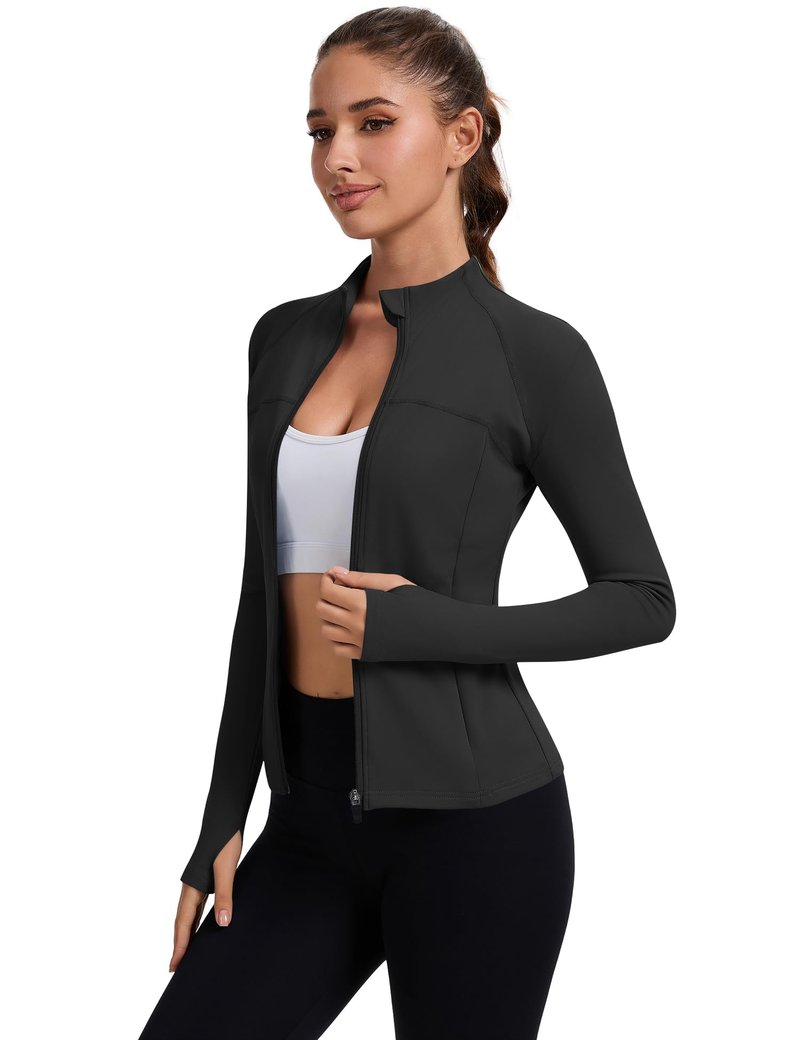Rapbin Long Sleeve Workout Tops for Women Light Weight Zip Up Jackets Cropped Jacket with Thumb Holes (Black S)