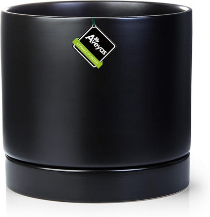 Aveyas 10 inch Ceramic Plant Pot with Drainage Hole and Saucer - Suitable for Indoor and Outdoor Use, Modern Planters for House Garden Flower Tree Snake Monstera Plants (10", Matte Black)