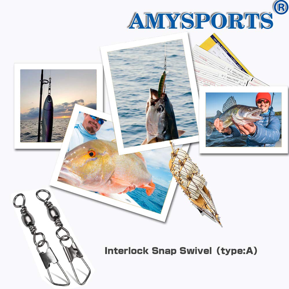 AMYSPORTS Stainless Steel Snap Swivel Saltwater High Strength Snaps Fishing Barrel Line Connector Fishing Swivels Barrel Safety Snap Fishing Tackle Stainless Steel Accessories 50pcs 74lbs