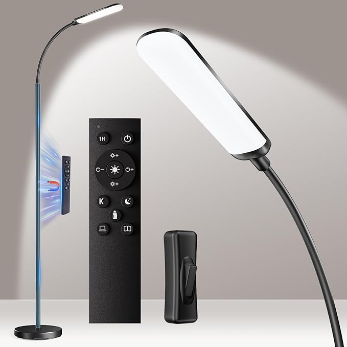 Floor Lamp, Bright 18W LED Standing Lamps for Living Room, Remote Stepless Adjustable Color and Brightness Dimmable with ON/Off Switch, Gooseneck Reading Lights for Bedroom Office, 1300LM Black