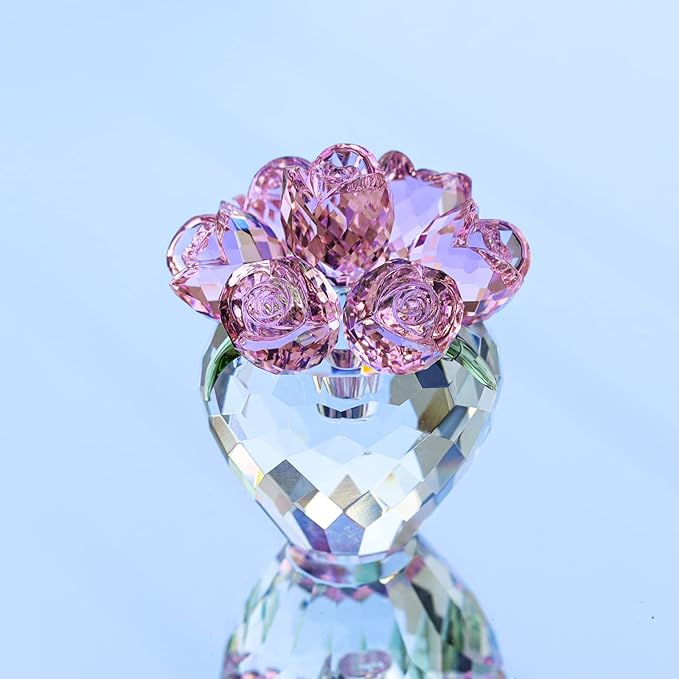 LONGWIN Crystal Rose Flower Figurines Collectible Glass Spring Bouquet with Vase Home Decor Romantic Gifts for Women Pink