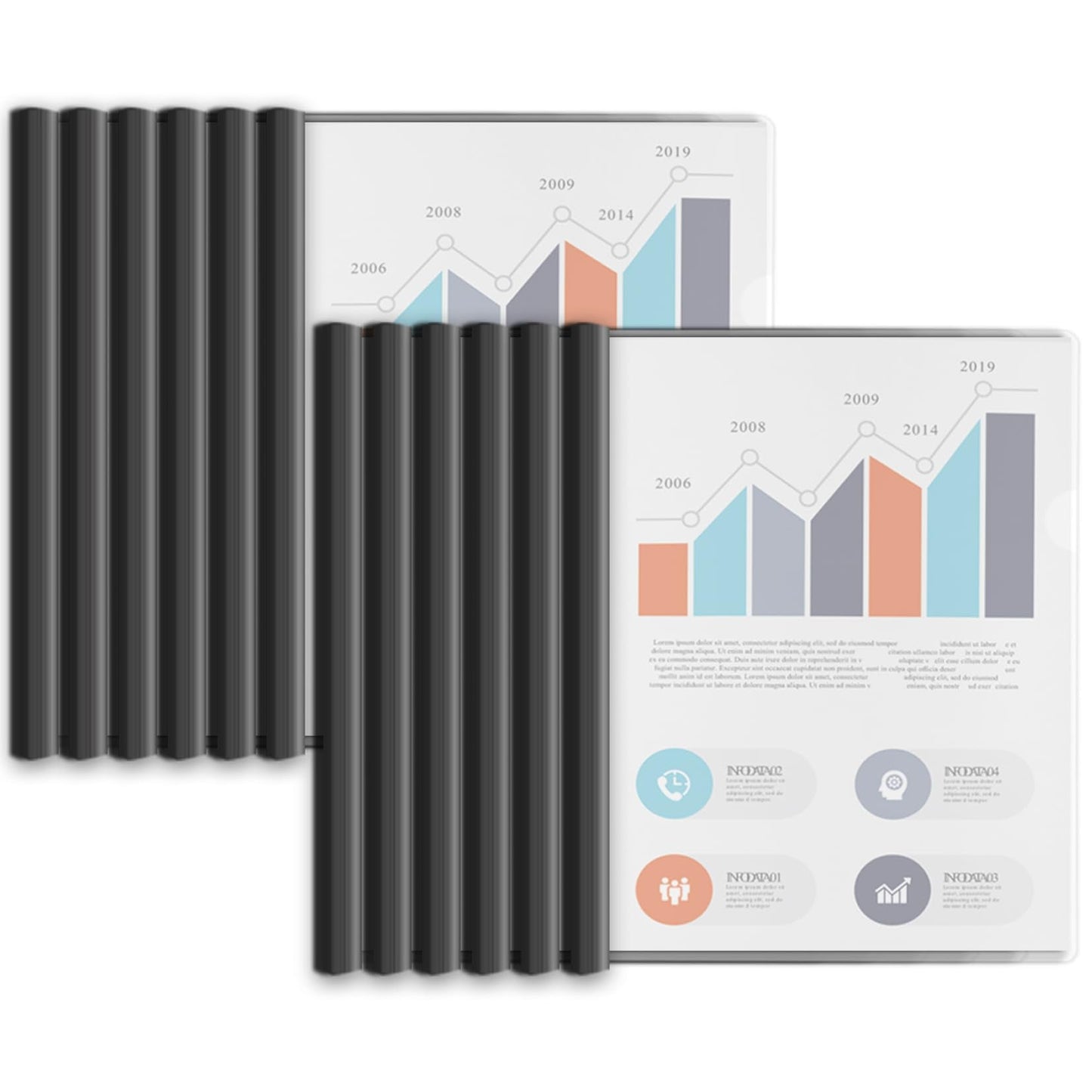 Binditek 12 Pack Heavyduty Clear Report Covers with Sliding Bars, 110 Sheet Capacity, 15mm Sliding Bar File Folder, Letter Size, 8 Mil Thick, Black, for Students and Coworkers