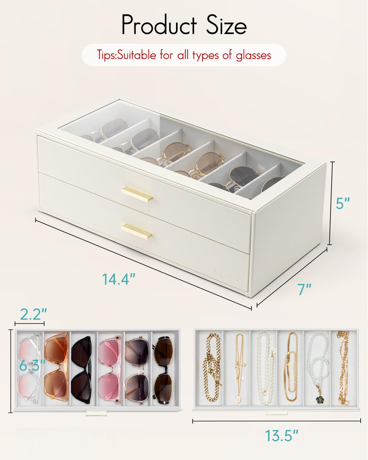 VLANDO 12-Grid Sunglasses Organizer Case, Large Capacity Eyeglass Storage Box with Clear Top Lid & 2 Drawers, PU Leather Sunglass Holder for Women Men, Ideal Gift for Eyewear Lovers - Beige