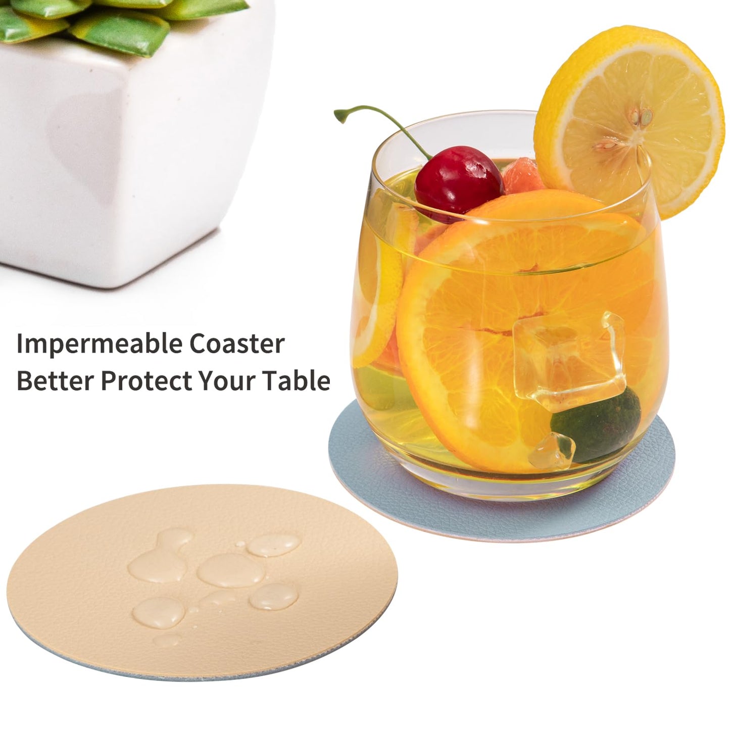 Chitomars Faux Leather Coasters Set of 12, Dual Sided for Coffee Tabletop Protection, Non-Slip Washable Cup Coasters (Beige Yellow Light Blue)