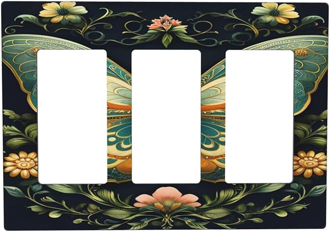 Butterfly Ornate with Flower 3 Gang Rocker Triple Outlet Wall Plate Decorative Switchplate Cover Faceplate GFCI Light Switch Covers for Farmhouse Living Decor