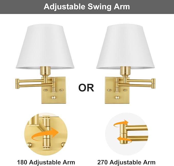TRLIFE Wall Sconce Plug in, Brushed Brass Dimmable Wall Sconces Set of 2 Swing Arm Wall Lights with Plug in Cord and Dimmer On/Off Knob Switch, 9.4" Medium White Fabric Shade(2 LED Bulbs Included)