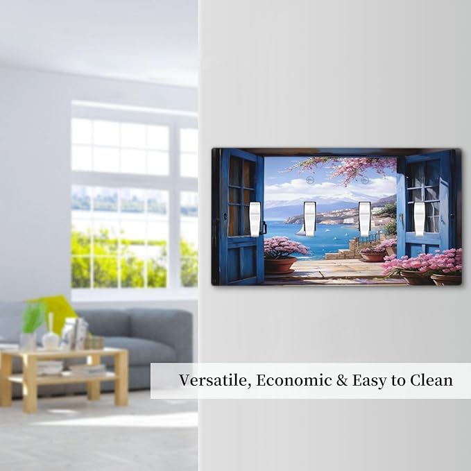 Decorative Art Light Switch Covers Seaside Window View Quad Toggle 4 Gang Wall Plate Switch plate Electrical Faceplate for Home Decor