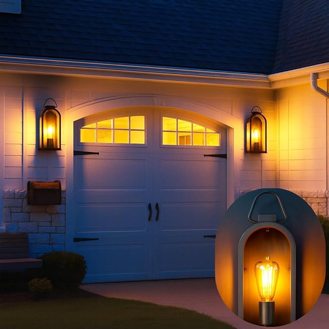 Vintage Outdoor Wall Light Fixtures (2 Pack) - Matte Black Porch Lantern/Exterior Wall Sconce, Glass Shade, Sturdy Metal Frame, Waterproof & Anti-Rust, for Entryway/Garage/Patio/Doorway, E26 Socket