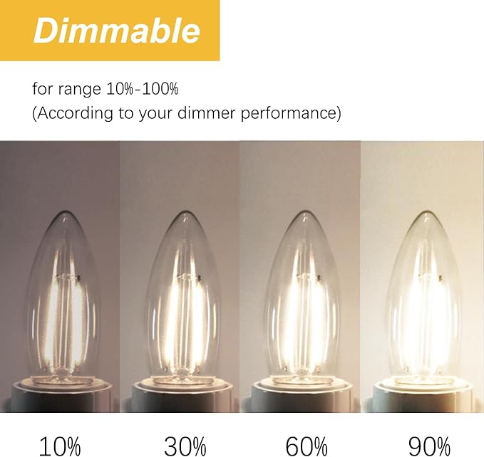 E12 LED Light Bulbs Dimmable 2700K Warm White 4 watt 40W Equivalent Chandelier Light Bulb Filament LED Candle Bulbs,for Ceiling Fan Home,Candle Lamp,Bedroom Decor. (2700k Warm White, 12-Pack)