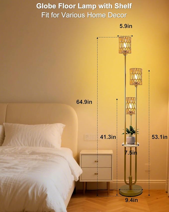 Lightdot Boho Floor Lamp with Shelves, 3-Lights Farmhouse Gold Dimmable Floor Lamp Candle Holder Style, Rustic Tall Standing Lamp with Rattan Shades for Living Room Bedroom Home Office