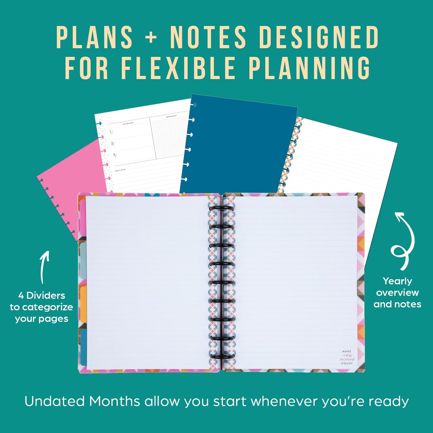 Happy Planner Undated Plans + Notes Monthly Planner Notebook Journal, 4-Month Planner, Homespun Theme, Classic Size, 95 Pages, 4 Dividers, 12 Planner Sticker Sheets, 7" x 9 3/4"
