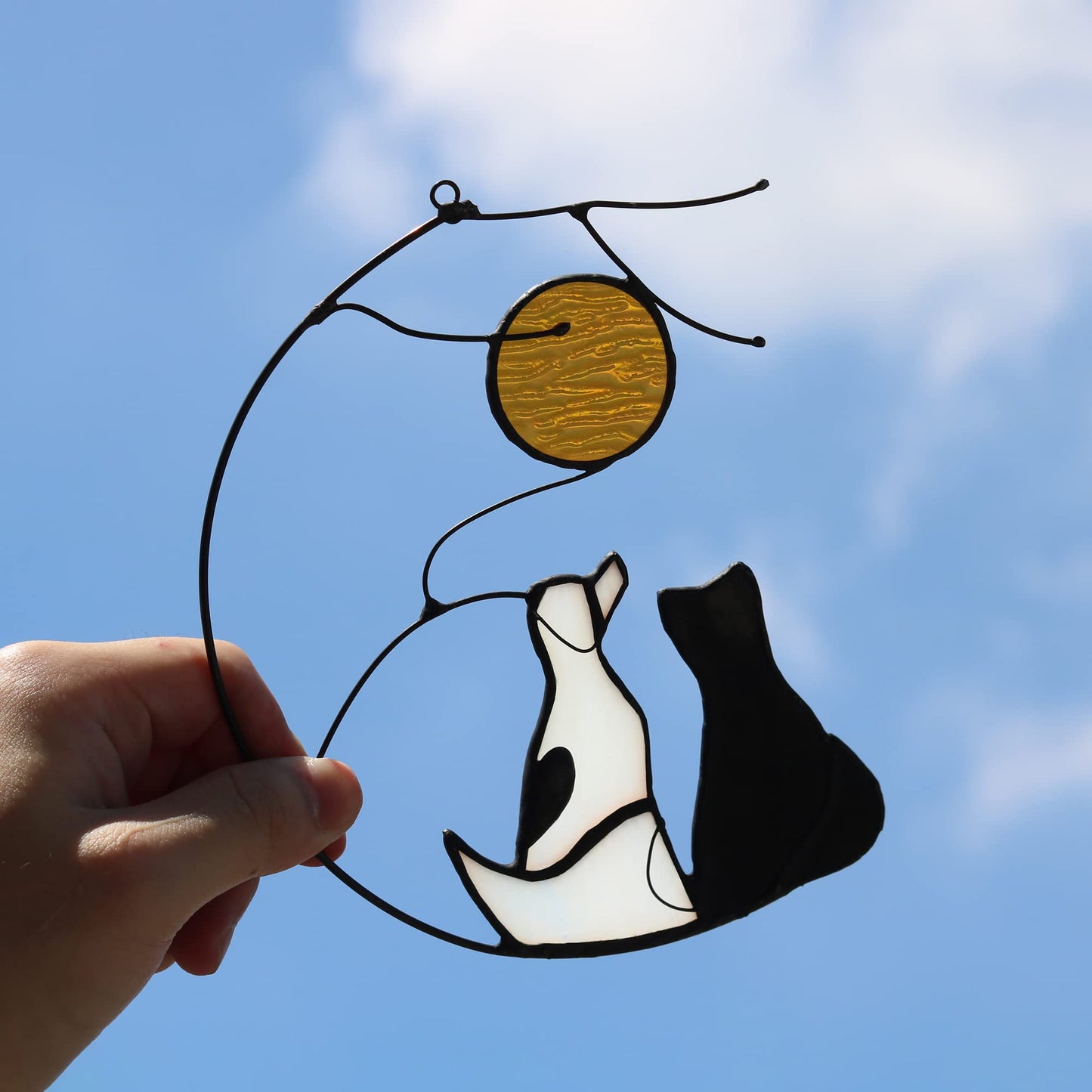 HAOSUM Dog and Cat Friendship Decor Stained Glass Window Hanging,Pet Memorial Gifts Suncatcher for Window,Black Cat Themed Gifts for Cats Lovers,Dog Lovers Giftss for Women