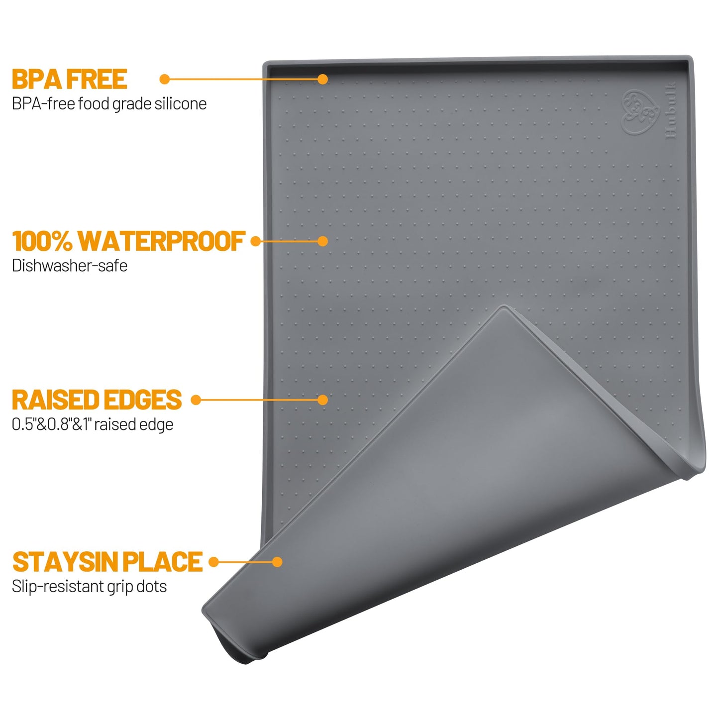 Hubulk Dog Feeding Mat,100% Waterproof BPA Free Silicone Pet Food and Water Bowl Placemat,Dishwasher, High Raised Edge to Prevent Spills,Nonslip Tray to Stop Messes on Floor (19"x12"x0.5", Grey)