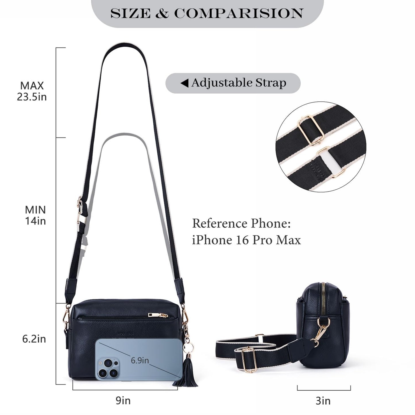 Roulens Triple Zip Small Crossbody Bag for women,Wide Strap Cell Phone Purse Shoulder Handbag Wallet with Credit Card Slots