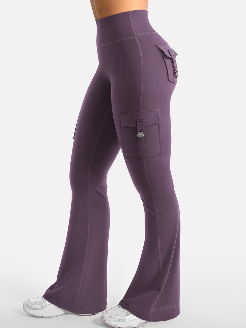 YEOREO CoreFlex Women Workout Flare Leggings with Pockets Hidden Scrunch Cargo Gym Yoga No Front Seam Leggings Black Berry Purple L