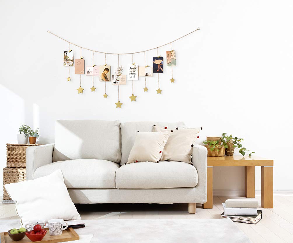 Mkono Hanging Photo Display Boho Decor Wooden Stars Garland with Metal Chains, Pictures Cards Holder with 25 Wood Clips, Wall Art for Christmas Living Room Bedroom Dorm Decor, Teen Girls Gift, Gold