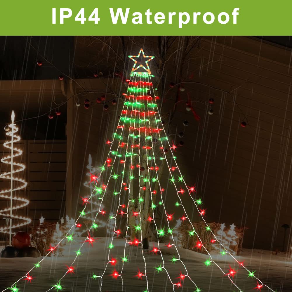 MINIAO Christmas Decorations Star String Lights, 320 LED Waterfall Tree Lights with 13" Topper Star 8 Lighting Modes Indoor Outdoor Decorative for New Year, Holiday, Wedding, Party