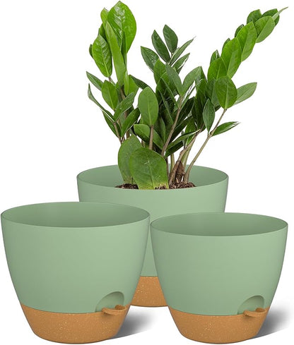 ZMTECH 9/10/12 Inch Plant Pots Sets, Selfwatering Planters with Drainage Holes Saucers for Indoor Outdoor Plants, Plastic Flower Pots for House Kitchen Window Garden(Green, 3 Pack)
