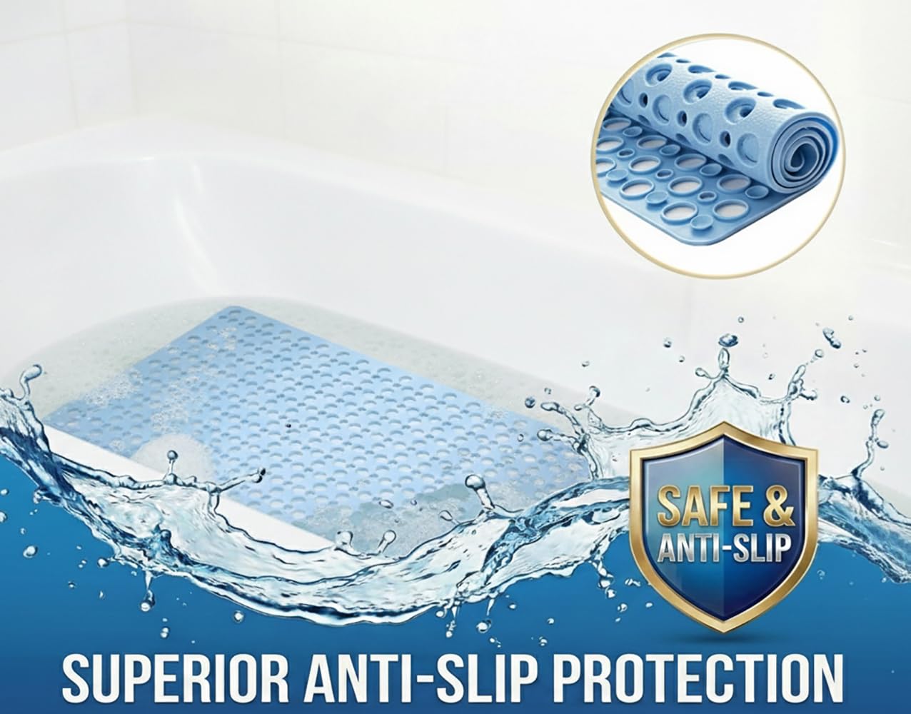 Nonslip Bathtub Mat Extra Soft TPE Bath Mat for Kids, Machine Washable Bathroom Shower Mat, Smooth/Non-Textured Tubs Only, 30L x 17W Inch (Blue)