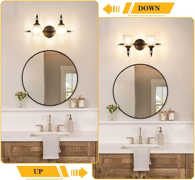 Matte Black Vanity Light, Farmhouse Bathroom Light Fixtures, 2 Light Bathroom Vanity Lights, Flower Glass Shade Wall Sconce Lighting