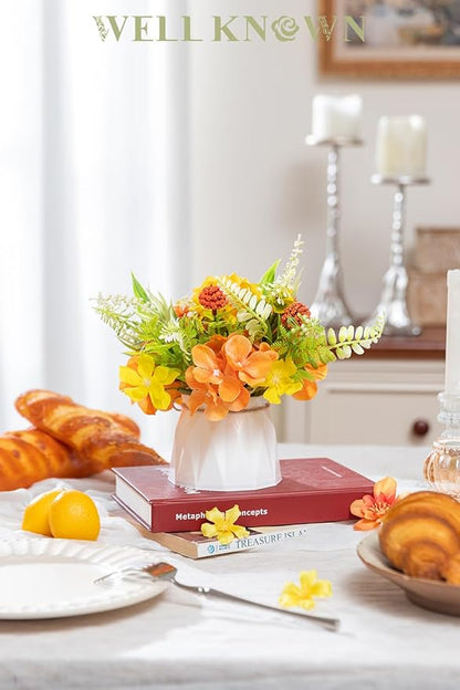 WELL KNOWN Small Fake Flowers in Plastic Vase 7" Centerpieces Coffee Table Decor, Silk Flower Arrangements for Home Decor Indoor Artificial Flower Bouquet for Dining Room Kitchen Wedding Yellow Orange