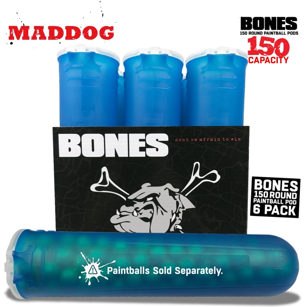 Maddog 150 Round Bones Paintball Pods | Durable Quick Reload Tubes for Tournament and Recreational Speedball Woodsball | 6 Pack - Aqua