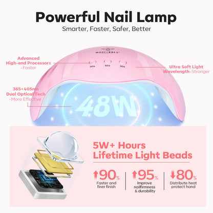 Modelones Poly Nail Gel Kit, 6 Colors Poly Extension Gel Clear Pink White with 48W U V/LED Lamp 3D Nail Charms Builder Slip Solution Complete Toe Manicure Supplies Tools for Starter