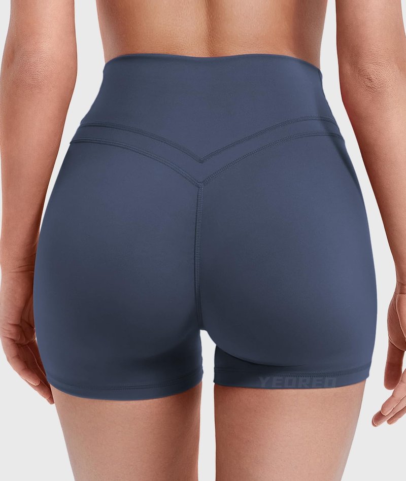 YEOREO Gym Workout Shorts for Women High Waisted Tummy Control Hidden Scrunch 4.5" Booty Shorts Julissa Cross Waist Yoga Navy Blue