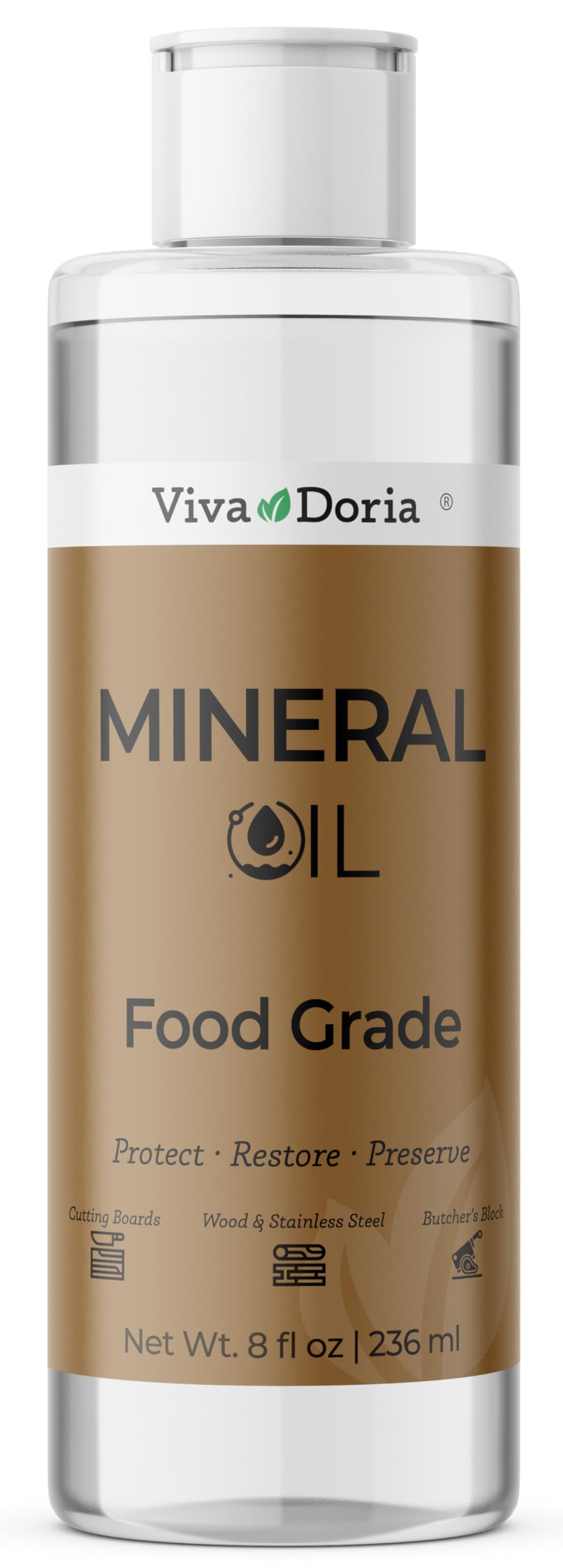 Viva Doria Food Grade Mineral Oil, Conditioner for Wood Cutting Board, Countertop, Butcher Block, Lubricant for Knife and Stainless Steel (8 fl oz)